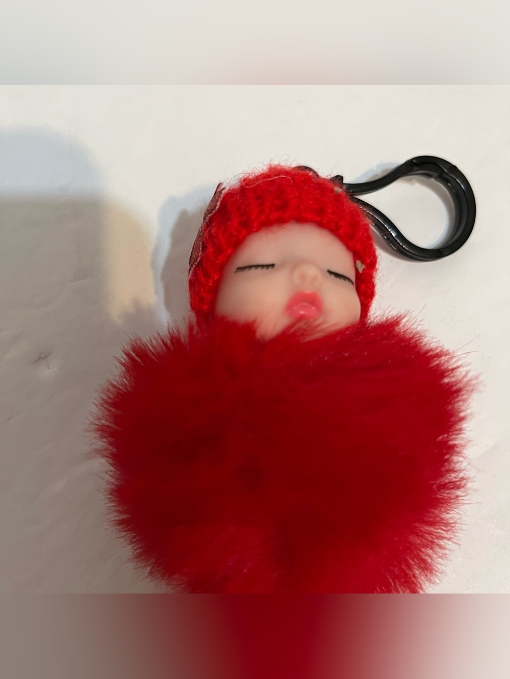 Red Sleeping Baby Pom Pom Charm Keychain Clip